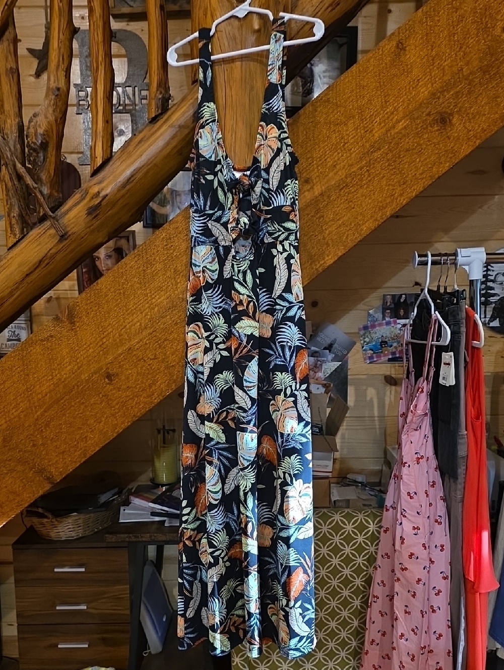 Bar lll Ideology Black Tropical Print Maxi Dress with Green and Coral Accents